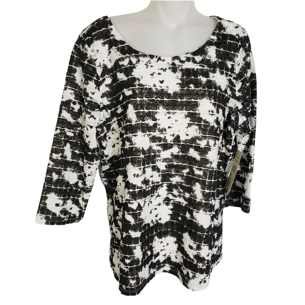 Laura Ashley Women's Top Sz Medium Black White Ruffles Textured 3/4 Sleeve Lined